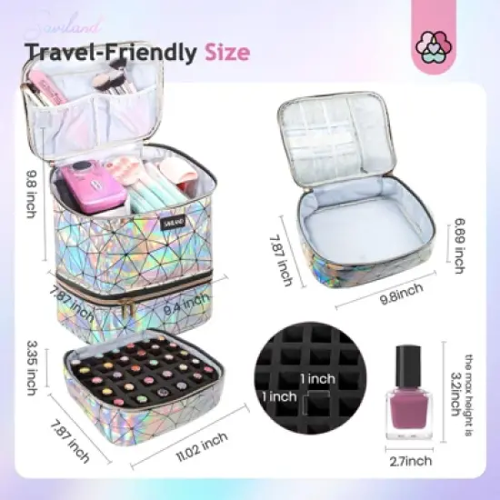 Saviland Holographic Nail Polish Organizer - PU Leather Case for 30 Bottles & Lamp, Nail Tech Supply Storage. image {4}