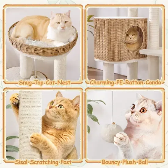 Yaheetech 36&Prime; Tall Rattan Cat Tree with Natural Sisal Scratching Post, Hanging Ball, Condo, Basket, Clear Bowl image {3}