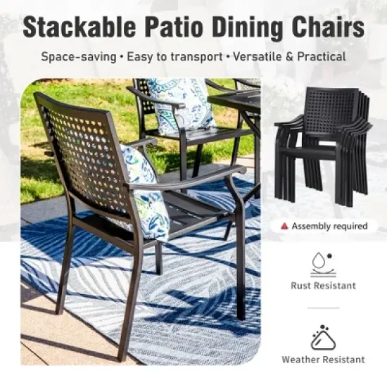 Captiva Designs 7pc Patio Wood-look Steel Dining Table with Umbrella Hole & Stackable Chairs with Bull's Eye Pattern image {5}