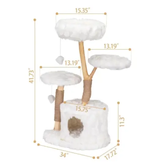 DSVIMOY Modern Cat Tree, Natural Branch Cat Tower, Cat Condo, Indoor Cat Furniture, Kitten Cat Gift, White, 34.06"*17.72"*41.73" image {2}
