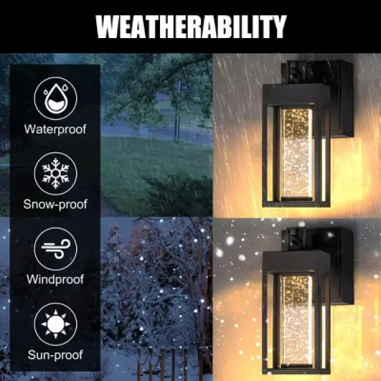 ALOADECOR Modern LED Outdoor Black Dusk to Dawn Sensor Wall Lantern Sconce with Seeded Glass and built-in GFCI Outlets image {8}