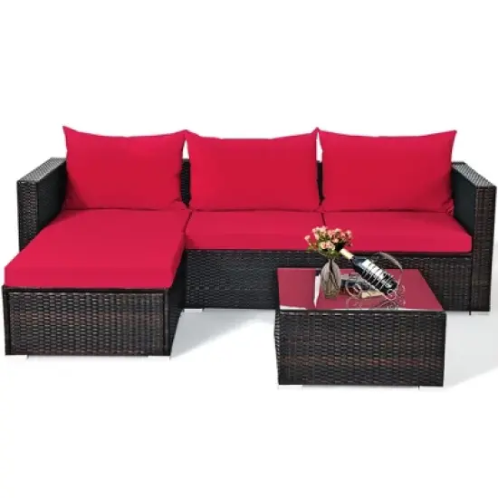 5PCS Patio Rattan Furniture Set Sectional Conversation Sofa w/ Coffee Table Red\ Navy image {1}