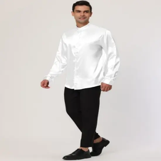 Lars Amadeus Men's Satin Long Sleeves Band Collar Button Down Solid Prom Satin Shirts image {3}