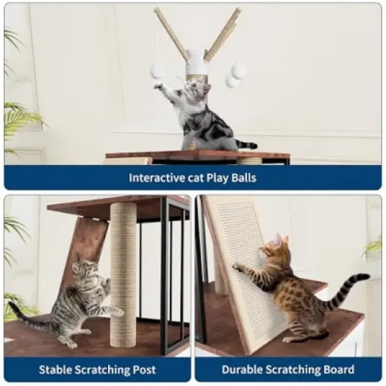 GustoWave Multi-layer 48.8'' Wooden Cat Tree Litter Box Enclosure, Hidden Litter box with Storage Cabinet, Scratching Post Board Toy Balls image {5}