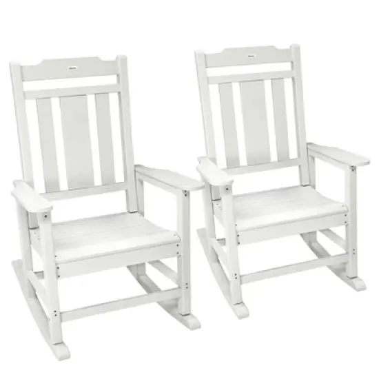 Outsunny 2 Pc Outdoor Rocking Chair, Traditional Slatted Porch Rocker with Armrests, Waterproof HDPE, Light Gray image {3}