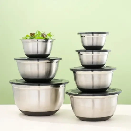 JoyJolt Stainless Steel Mixing Bowls with Silicone Base & Lids - Set of 7 - Silver/Black image {2}