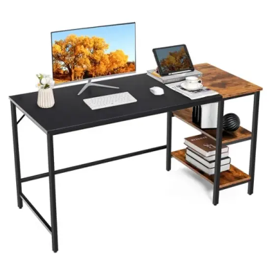 Costway 55'' Computer Desk Writing Workstation Study Table Home Office with Bookshelf Black/Rustic image {11}