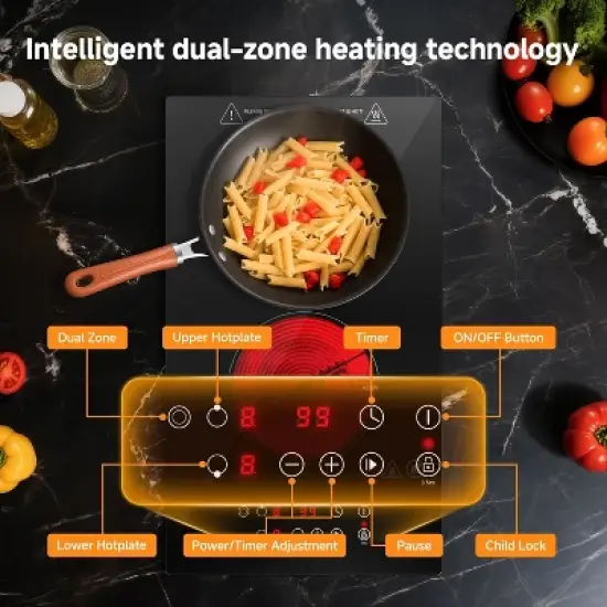 Induction Cooktop with 2 burner 800-1800W, 9 power Dual Hob with Child Lock, Timer, Pause Function, Residual Heat Indicator, Sensor Touch Control image {2}