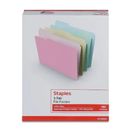 Staples Top-Tab File Folders 3-Tab Letter Assorted Pastel Colors 100/BX TR459684/459684 image {3}