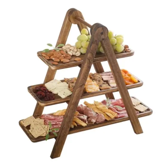 Gibson Home Truss Peak 3 Tier Serving Tray for Party, 18" Acacia Wood Cupcake/Charcuterie/ Dessert Farmhouse Tiered Platters image {6}