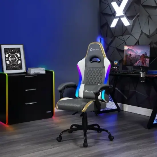 X Rocker RGB LED Extra Comfort Ergonomic PC Gaming Chair Gray/White/Gold image {2}