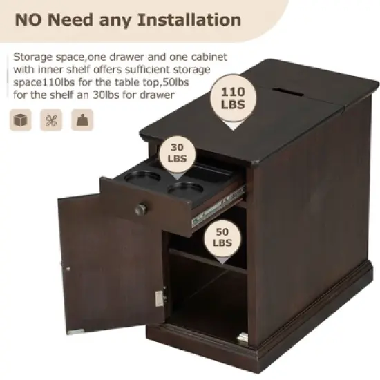 Classic Vintage End Table with USB Ports and a Multipurpose Drawer with Cup Holders - ModernLuxe image {7}
