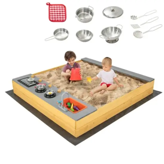 Costway Kids Sandbox Outdoor Wooden Sandpit w/ Bottom Liner Creative Cooking Area image {10}