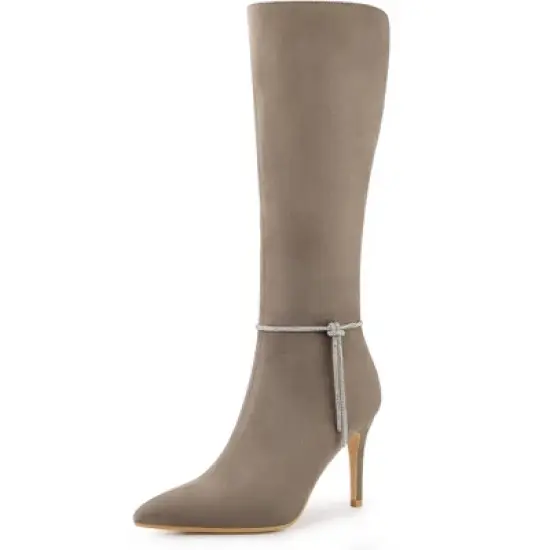 Allegra K Women's Rhinestone Crystal Chain Pointed Toe Stiletto Heels Knee High Boots image {7}