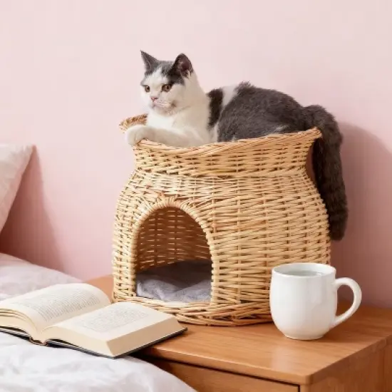 Artloge Double Handwoven Rattan Elevated Cat Bed Dome Wicker Pet Basket Elevated Pet Condo Indoor with Soft Cushions for Multiple Kittens image {1}