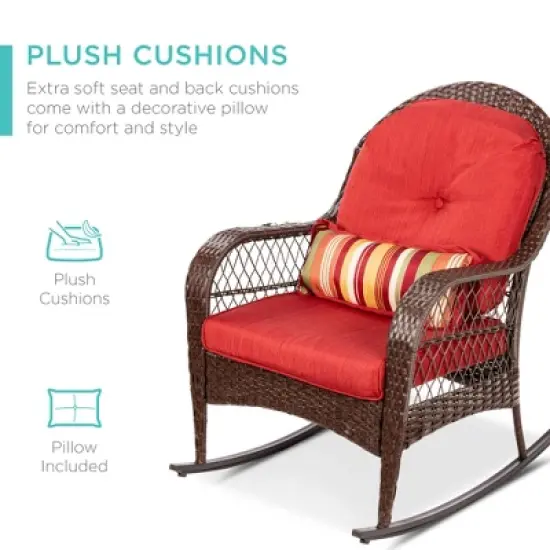 Best Choice Products Outdoor Wicker Rocking Chair for Patio, Porch w/ Steel Frame, Weather-Resistant Cushions - Red image {3}