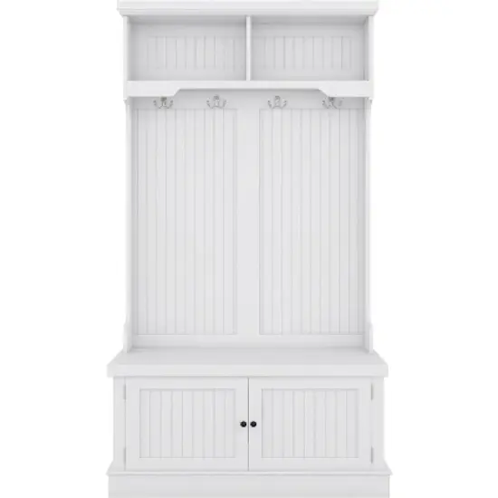 Acekool 4-in-1 Hall Tree with Storage Shoe Bench, Coat Rack with 4 Hooks, Entryway Organizer with Display Shelves & Cabinet, White image {1}