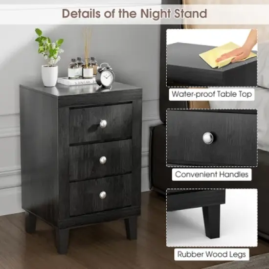 Costway Nightstand Sofa Side Coffee Table with  3 Drawer for Bedroom Living Room Black/Grey/White image {8}