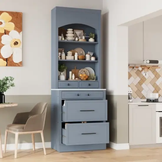 Gulches 83.7" High Kitchen Pantry , Freestanding Tall Hutch with Faux Marble Top, 5 Storage Drawers & Adjustable Shelf&iexcl;&ordf;Elegant Display Cabinet,Gray image {1}