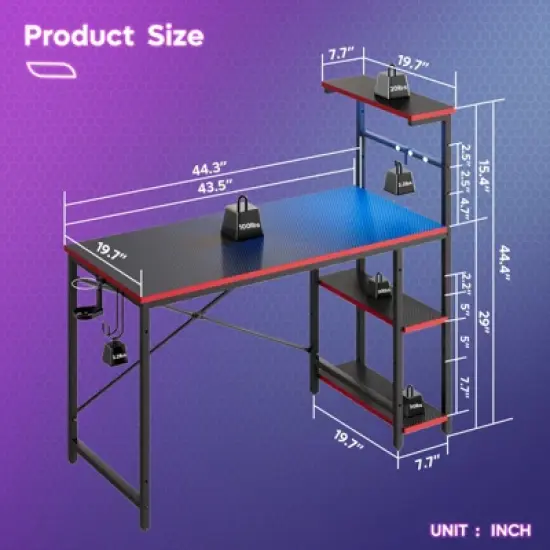 Bestier 44 inch Gaming Desk with RGB LED Light&ndash;Reversible 4-Tier Storage Shelves, Hooks, Cup holder and Magnets image {5}
