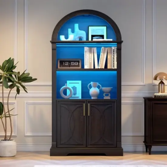 Fredees 71" Tall Arched Cabinet, Kitchen Pantry & China Cabinet, Arched Bookshelf with Open & Adjustable Shelves, Induction 3-Color Lights image {7}
