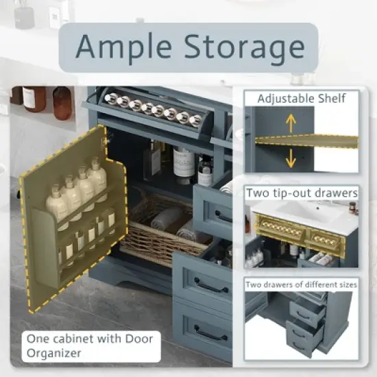 36" Bathroom Vanity with Ceramic Sink, Soft-Close Drawers & Door Organizer, Freestanding Vanity Wood Cabinet with Storage image {3}