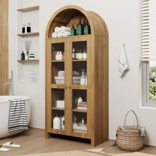 70 Inch Tall Arched Pantry Cabinet with Acrylic Doors - 5-Tier Adjustable Shelf, Wooden Storage, Modern Bookshelf for Kitchen, Dining, Living Room image {6}