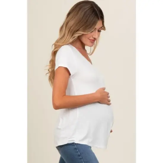PinkBlush Ivory Basic V-Neck Short Sleeve Maternity Top image {1}