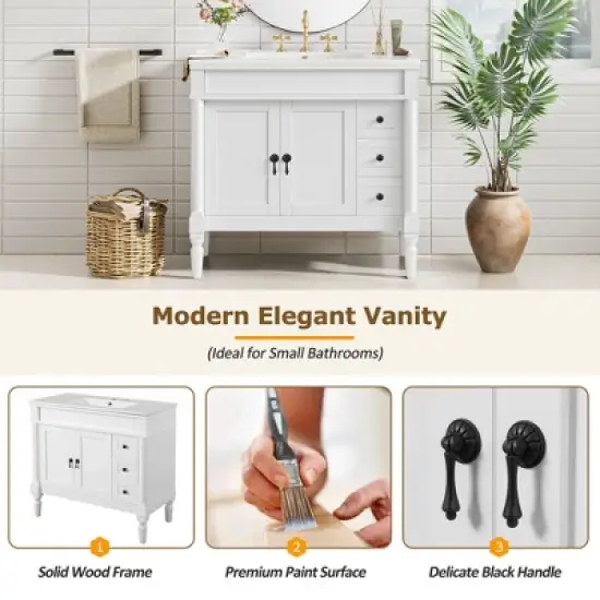 36" Bathroom Vanity with Ceramic Sink, 2 Soft Close Doors, 3 Drawers, Adjustable Shelf, Solid Wood Frame, Freestanding Storage Cabinet image {4}