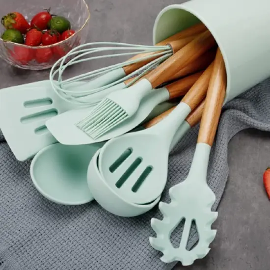 Itopfox 35-Piece Silicone Kitchen Utensil Set with Wooden Handles, Non-Stick Cooking Tools Including Spatula, Spoon, Turner, Tongs, Measuring Cups image {1}