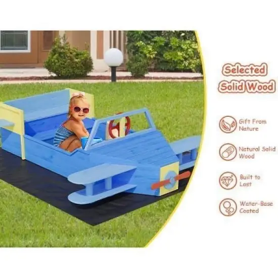 Airplane Wooden Sandbox &ndash; Kids Outdoor Sandpit with Drainage Liner, Foldable Benches & Playful Design for Backyard, Ages 4+ image {1}