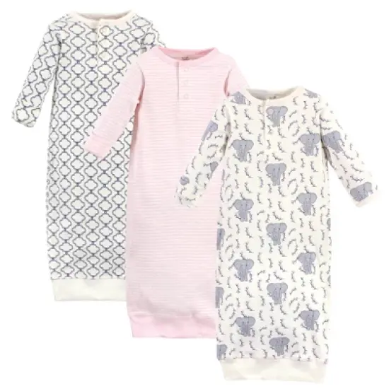 Touched by Nature Baby Girl Organic Cotton Henley Long-Sleeve Gowns 3pk, Girl Elephant image {1}