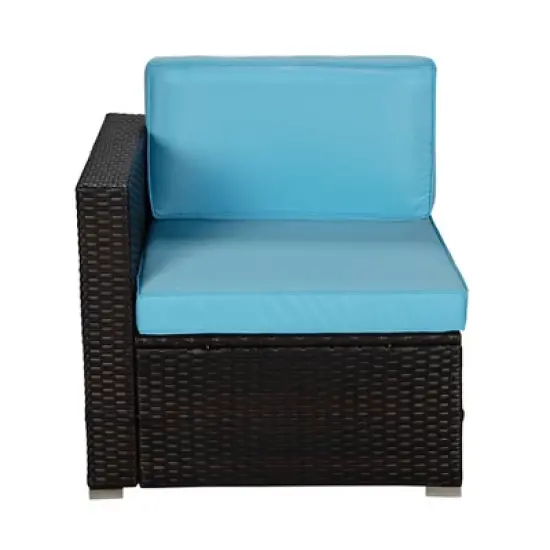 5pc Outdoor Rattan Wicker Conversation Set with Sofas, Chair, Coffee Table & Ottoman - Brown/Blue - GODEER image {5}