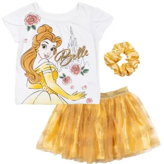 Disney Moana Princess Frozen Rapunzel Jasmine Belle Girls T-Shirt Tulle Skirt and Scrunchie 3 Piece Outfit Set Little Kid to Big Kid image {10}