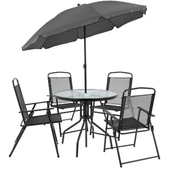 Flash Furniture Nantucket 6 Piece Patio Garden Set with Table, Umbrella and 4 Folding Chairs image {10}
