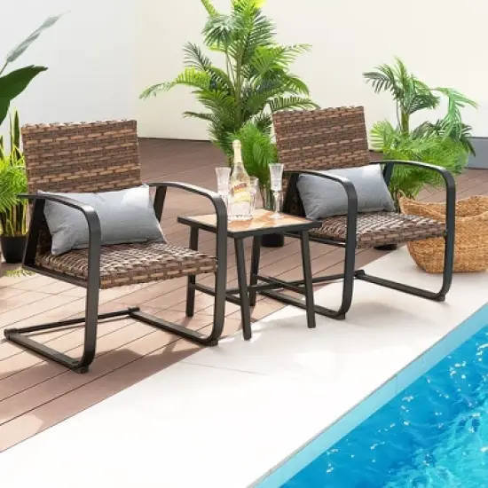 Costway 3 PCS Patio Rattan Furniture Bistro Set C-Spring Chair Padded Seat & Back Pillow image {4}