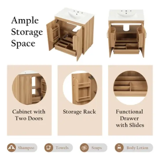 30"W Bathroom Vanity with Sink, Multi-Functional Bathroom Cabinet with Storage Rack and Functional Drawer with Slides, Natural-ModernLuxe image {4}