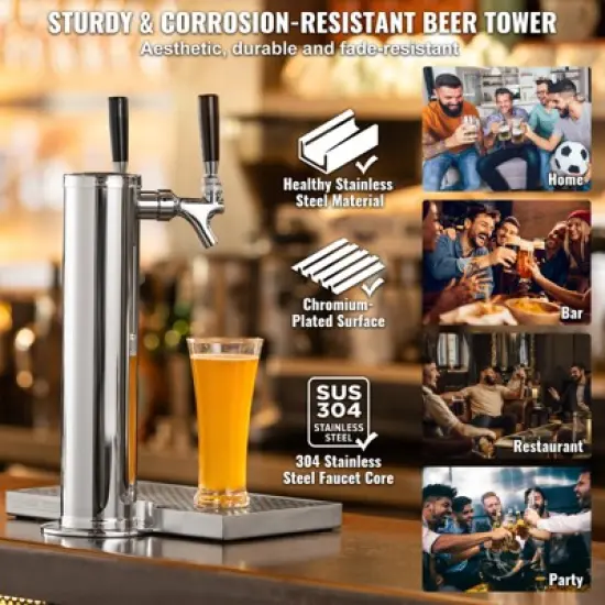 VEVOR Dual Taps Draft Beer Tower Dispenser, Stainless Steel Keg Beer Tower, Kegerator Tower Kit with Pre-Assembled Tubing image {5}
