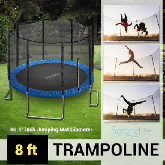 SereneLife 8ft Outdoor Jumping Trampoline with Safety Net Enclosure SLTRA8BL - Large Jumping Surface image {5}