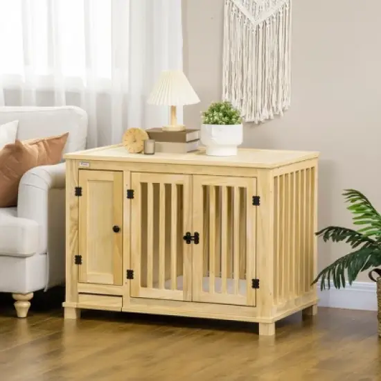 PawHut Small Dog Crate Furniture with Cabinet & Cushion, Wooden Dog Crate End Table with Food Bowl in Drawer, Indoor Dog Kennel Furniture Bed, Natural image {1}