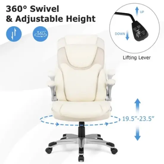 Costway Ergonomic Office Chair PU Leather Executive Swivel with Flip-up Armrests Brown/White/Black image {6}