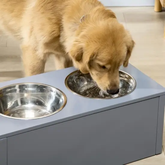 PawHut Elevated Dog Bowls, Raised Dog Bowl Stand with Storage, 2 Stainless Steel Bowls, Pet Feeding Station for Medium Dogs, Indoor Use, Gray image {4}