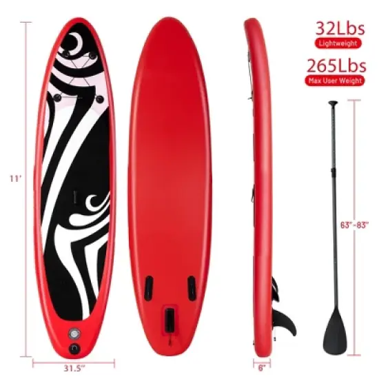 Costway 11' Inflatable Stand Up Paddle Board Surfboard W/Bag Aluminum Paddle Pump Red image {8}