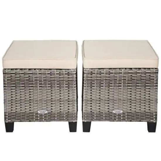 Tangkula Set of 2 Outdoor Rattan Cushioned Ottoman Seat All Weather Patio Footrest Red/Turquoise image {6}