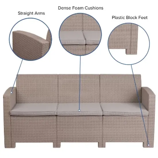 Merrick Lane Outdoor Furniture Resin Sofa Faux Rattan Wicker Pattern Patio 3-Seat Sofa With All-Weather Cushions image {8}