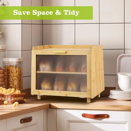 Double Layer Bread Box, Large Capacity Kitchen Counter Storage Container with View Window, Farmhouse Style Bread Keeper image {4}