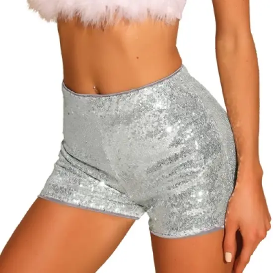 Allegra K Women's Mid Rise Solid Sparkle Sequin Zipper Shorts image {5}