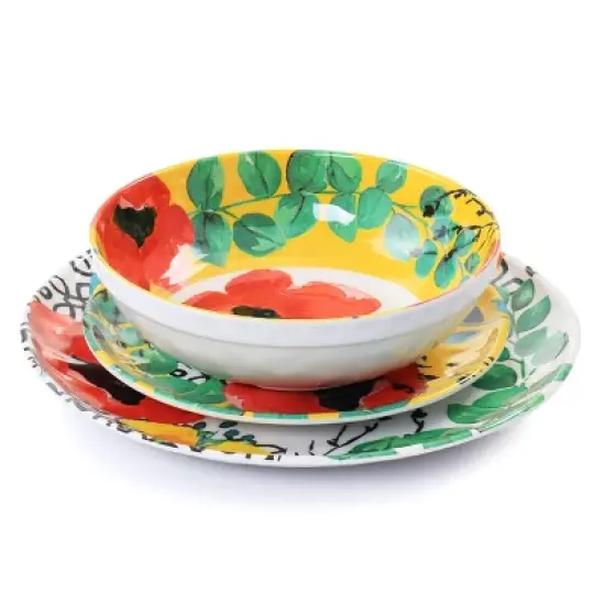12pc Grace Melamine Dinnerware Set - Elama: Floral Botanical Dishes, Off-White, Service for 4, Dishwasher-Safe image {2}