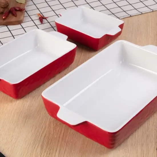 Baking Dish Set of 3, Ceramic Bakeware Set with Handles, Porcelain Baking Pan for Oven & Microwave, Rectangular Casserole Dish for Cooking, Kitchen image {4}