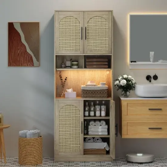 71" Pantry Cabinet, Tall Kitchen Hutch with Led Lights, Freestanding Kitchen Cabinet with Microwave Shelf, for Dining Room, Bathroom, Living Room image {6}